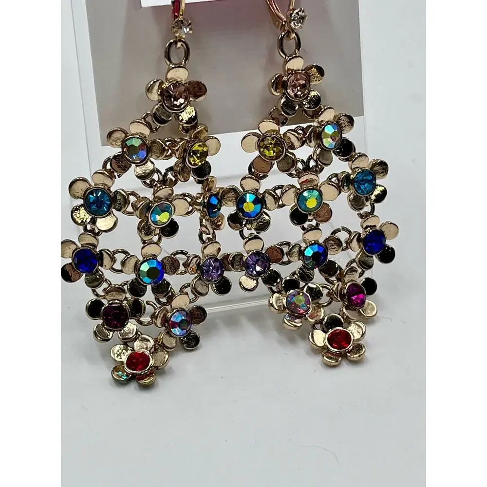 Betsey Johnson Gold Tone Love Fest Flower & Crystal Chandelier Drop Earrings New
